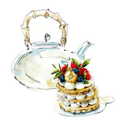 Teapot with cake. Watercolor hand drawn illustrationの写真素材