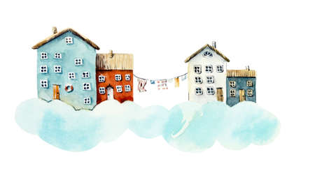 Cloudy village. Watercolor hand drawn illustrationsの写真素材