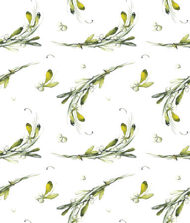 Samless pattern from mistletoe branches. Watercolor hand drawn illustrationの写真素材