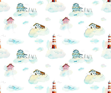 Seamless pattern with clouds. Watercolor hand drawn illustrationsの写真素材