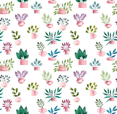 Houseplants in pots. Seamless pattern. Watercolor hand drawn illustrationの写真素材