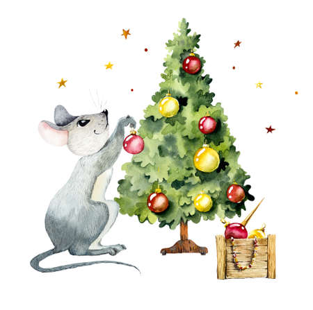 Mouse decorates a Christmas tree. Watercolor hand drawn illustrationの写真素材