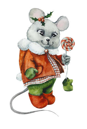 Christmas Card. Mouse in winter clothes with a lollipop. Watercolor hand drawn illustrationの写真素材