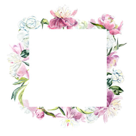 Frame from peony. Wedding drawings. Greeting cards. Flower backdrop. Watercolor hand drawn illustrationの写真素材