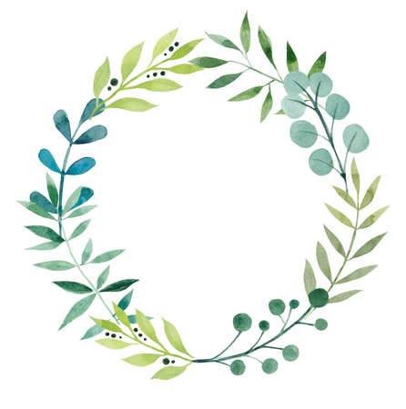 Frame from leaves. Watercolor hand drawn illustration. White backgroundの写真素材