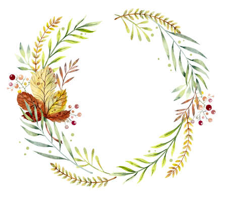 Wreath with leaves and berries. Watercolor hand drawn illustrationの写真素材