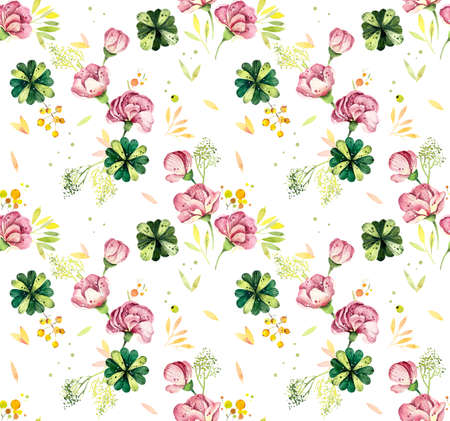 Watercolor seamless pattern with flowers and berries. Bright vintage floral background with...