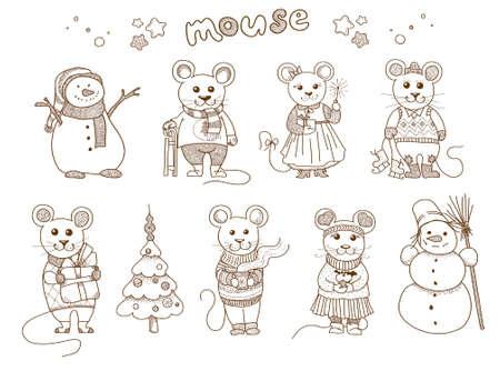 Mouses and snowmens. Hand drawn vector illustrationのイラスト素材