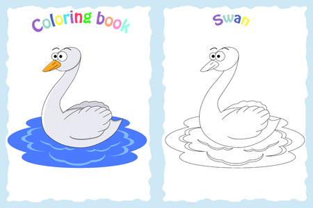 Coloring book page for preschool children with colorful swan and sketch to color.のイラスト素材