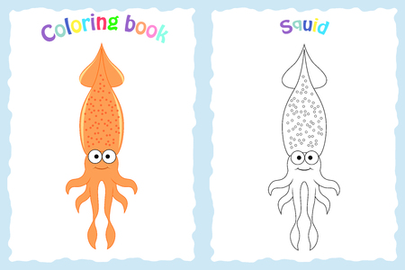 Coloring book page for preschool children with colorful squid and sketch to colorのイラスト素材