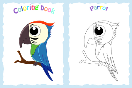 Coloring book page for  children with colorful parrot  and sketch to color.の写真素材