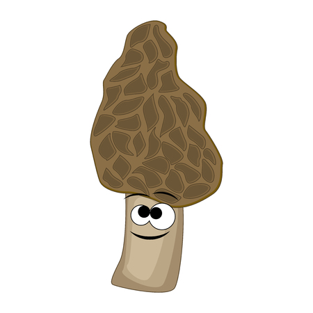 Cute cartoon smiling morel mushroom. Vector illustration. Isolated on white backgroundのイラスト素材