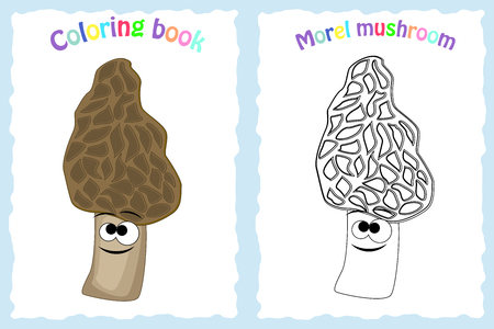 Coloring book page for preschool children with colorful morel  mushroom and sketch to colorのイラスト素材