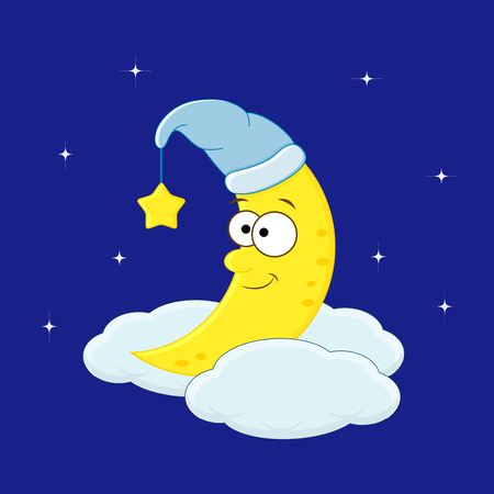 Cute cartoon moon in the hat on the cloud. Vector illustrationのイラスト素材