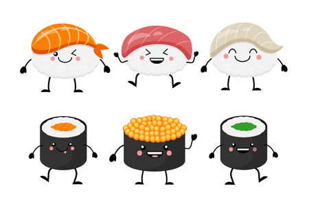 Cute cartoon sushi set characters. Kawaii sushi. Vector illustration isolated on white background.の写真素材