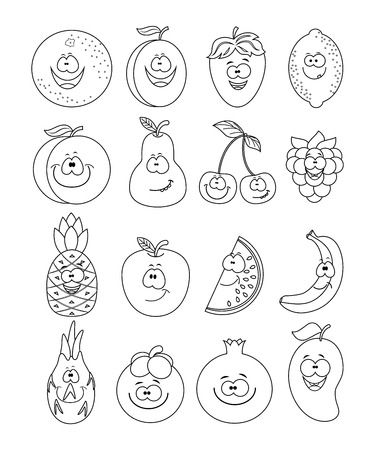 Colorless set of different fruits.  Peach, lemon,  watermelon, cherry, pemegranat, pineapple, raspberry, mangostin, orange banana plum mango   Vector illustration isolated on white backgroundの写真素材