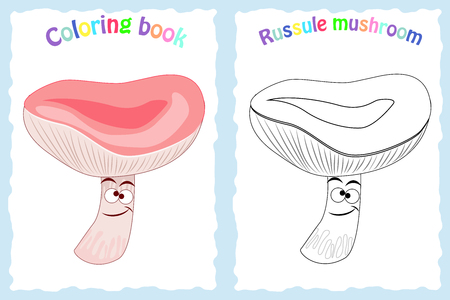 Coloring book page for preschool children with colorful russule mushroom and sketch to colorのイラスト素材