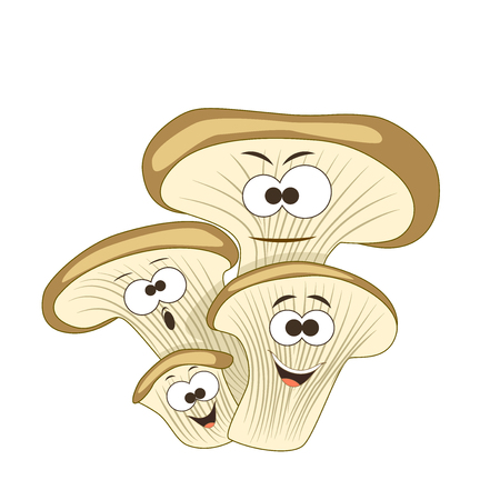 Cute cartoon smiling oyster mushrooms. Vector illustration. Isolated on white backgroundのイラスト素材
