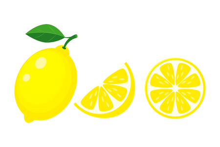 Colorful whole, half and slice lemon with green leaf. Vector illustration isolated onwhite background.のイラスト素材