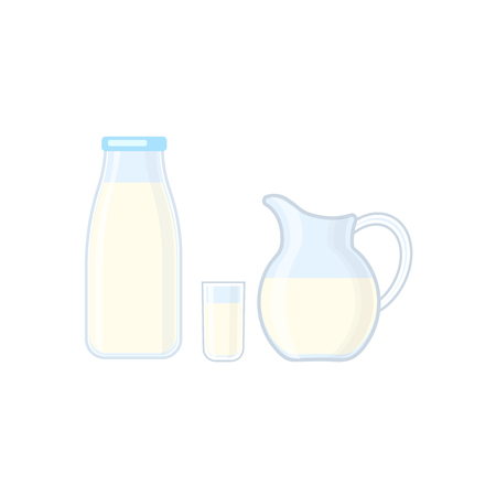 Bottle, glass and jug with milk vector illustration isolated on whitebackground. Dairy products.のイラスト素材