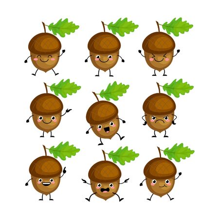 Cute acorn   characters set  with different emitions vector illustration. Funny nuts. Kawaii acornsのイラスト素材