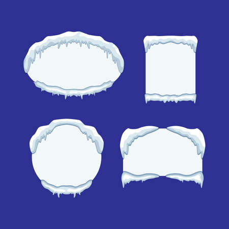 Snow icicle banner set vector illustration isolated on blue background. Winter decoration tags.のイラスト素材