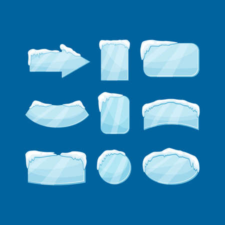 Snow icicle banner set vector illustration isolated on blue background. Winter decoration tags.のイラスト素材