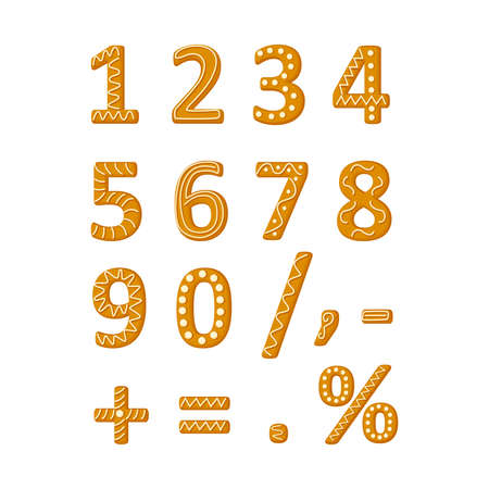 Gingerbread cookies numbers vector illustration in a flat cartoon style isolated on white background. Ginger cookies font.のイラスト素材