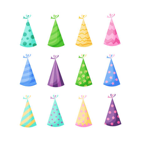 Birthday party hats set vector illustration in a cartoon flat style isolated on white background. Colorful party caps for celebration design.のイラスト素材