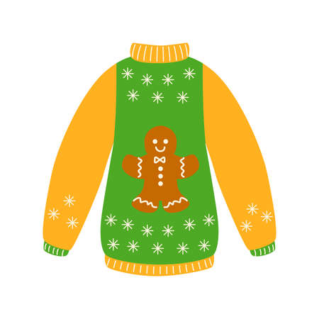 Traditional ugly Christmas sweater yellow and green color with ginger man cookie vector illustration isolated on white background. Knitted winter jumpersのイラスト素材