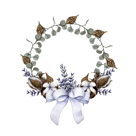wreath of eucalyptus, cotton, lavender, decorated with a lilac bowの写真素材