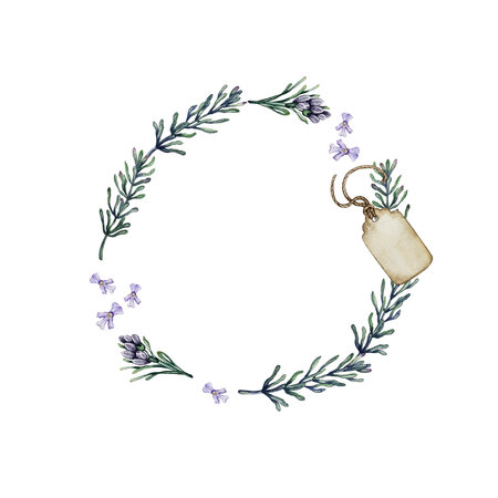 a wreath of flowers and rosemary branchesの写真素材