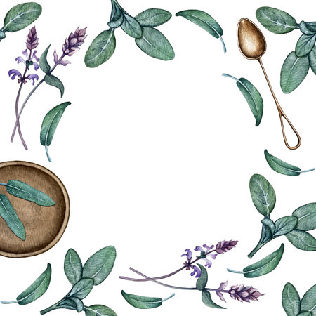 eco frame of sage leaves, scissors and tagの写真素材