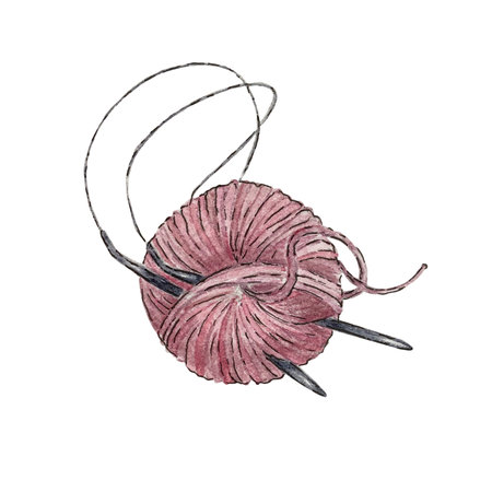 Ball of yarn with knitting needles/ Watercolor illustration.の写真素材