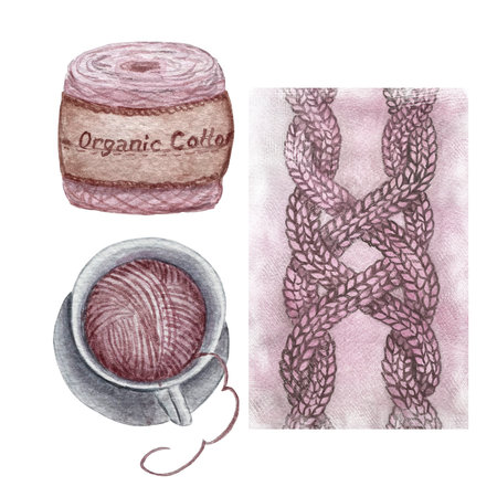 Set Balls of yarn for knitting and background. watercolor illustration.の写真素材