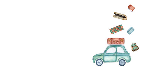 Cute blue old car for a little trip through the countryside. The car is loaded with luggage for the trip. Suitcases, travel mat, and backpack. Watercolor illustrationの写真素材