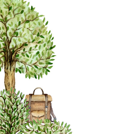 Composition from a backpack on the background of forest. Watercolor illustrationの写真素材