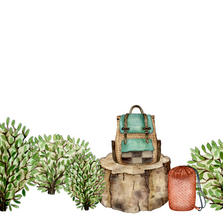 Composition of a backpack and a sleeping bag on the background of a stump in the forest. Watercolor illustrationの写真素材