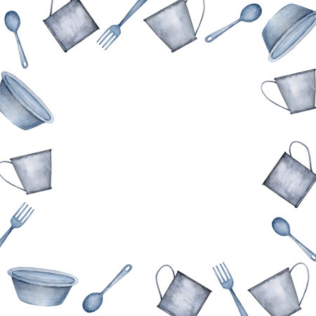 Metal tableware for eating outdoors, traveling. A set of items from a spoon, fork and two cups. watercolor illustration.の写真素材