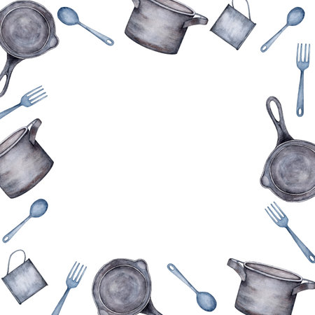 Metal tableware for eating outdoors, traveling. A set of items from a spoon, fork and two cups. Watercolor illustrationの写真素材