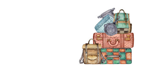 Picnic set in backpack and suitcase. watercolor illustration.の写真素材