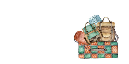 Tourist backpack with sleeping bag. watercolor illustration.の写真素材
