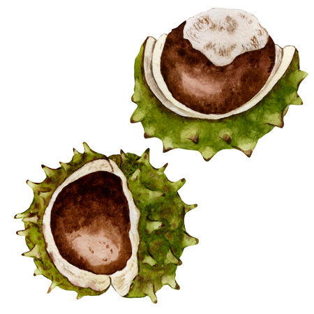 The fruit of the chestnut tree. watercolor illustration. high qualityの写真素材