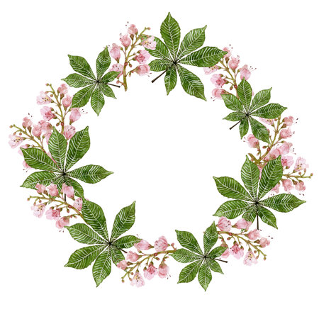 Delicate wreath of leaves and flowers of chestnut. Flower composition. Watercolor illustrationの写真素材