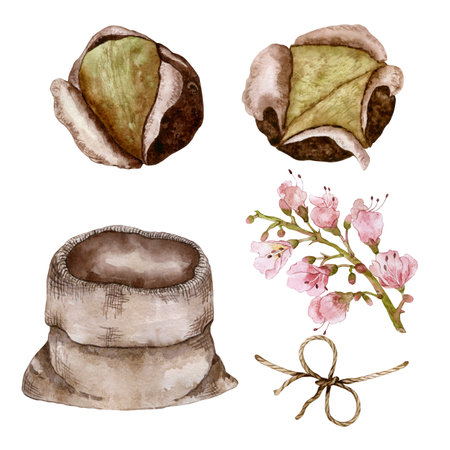 Set for the composition of roasted chestnuts. Chestnut inflorescence and canvas bag. Watercolor illustrationの写真素材
