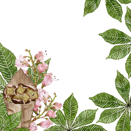 Frame chestnut leaves and roasted chestnuts. Delicious roasted chestnuts. Paper bag. Watercolor illustrationの写真素材