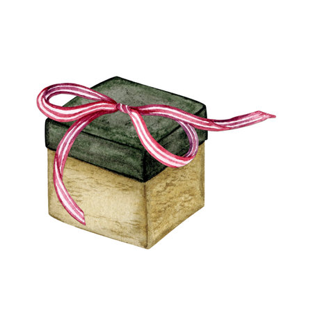Christmas gift. New Years gift. Decorated ribbon. Isolated watercolor illustrationの写真素材