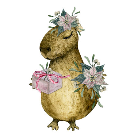 Cute South American animal. Capybara. Wreath, bouquet, Christmas gift. Poinsettia, mistletoe. Isolated watercolor illustrationの写真素材