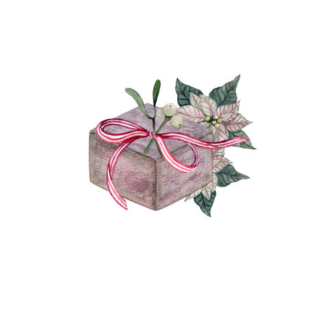 Christmas gift. New Years gift. Decorated with ribbon and mistletoe, poinsettia. Isolated watercolor illustrationの写真素材