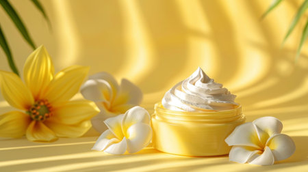Jar of cream with flower on yellow background, closeup. Cosmetic productの素材